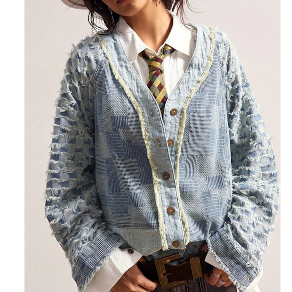 Light Washed Frayed detail Button Down Oversized Denim Shirt Top - Picture 1 of 7